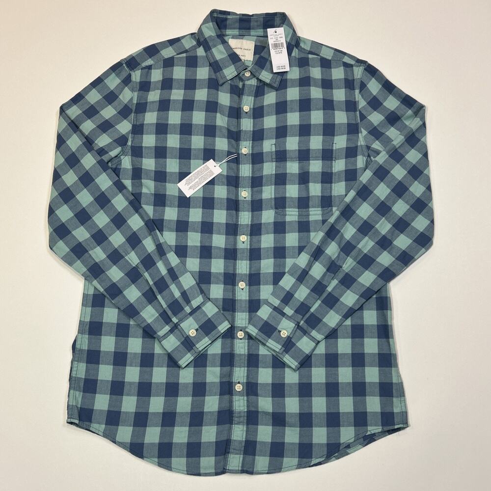 American Eagle Super Soft Flannel Shirt Men Medium Tall Blue Buffalo Plaid